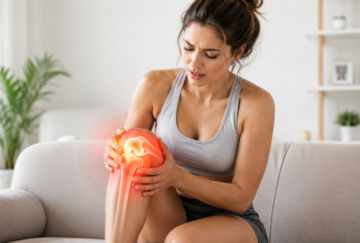 Woman holding her knee before applying Arthryon Heat Relief Cream